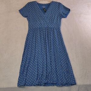 L.L. Bean Blue Floral Patterned Midi Dress, With V Neck